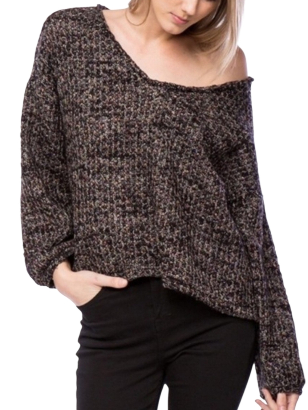 Line + Dot Black Heathered V-neck Oversized Sweater Size Small